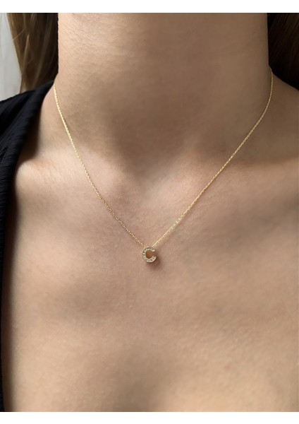 925 Ayar Zirkon Taşlı Gold Minimal C Hafli Kolye Uzunluk 42 cm modelleri
