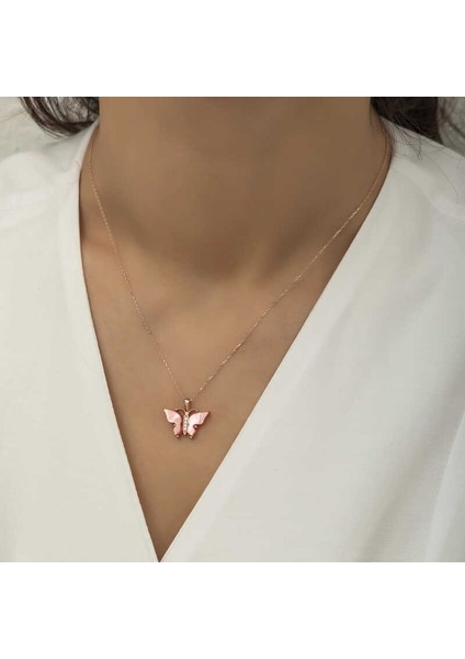 Gümüş Pembe Kaplangözü Taşlı Kelebek Kolye