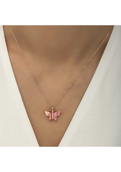 Gümüş Pembe Kaplangözü Taşlı Kelebek Kolye