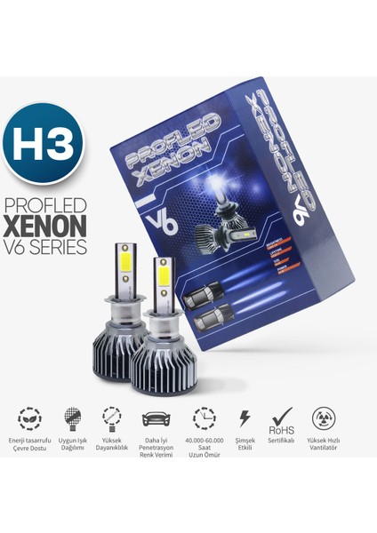 V6 H3 LED Xenon Şimşek Etkili Beyaz Renkli Soğutma Fanlı Oto Ampul 12.000 Lümen- 1 Yıl Garantili