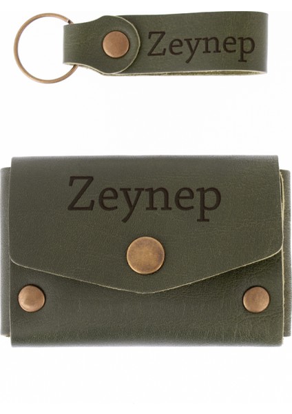 Kişiselleştirilmiş Deri Büyük Zarf Bozuk Para Cüzdanı ve Anahtarlık Set