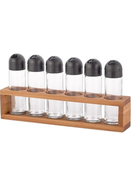 Ahşap Standlı Uzun 6 Lı Baharatlık Takım Beyaz