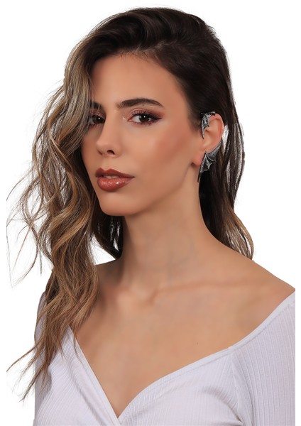 Kadın Antrasit Lak Kaplama Çivili Model Ear Cuff Sol Kulak Yarasa Küpe