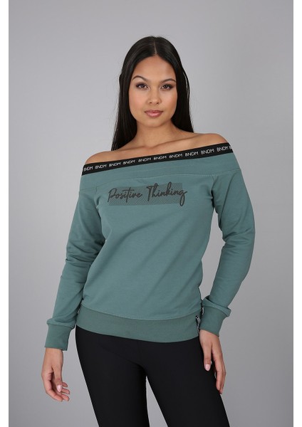 Banada Moda Şerit Detaylı Baskılı Kayık Yaka Sweatshirt