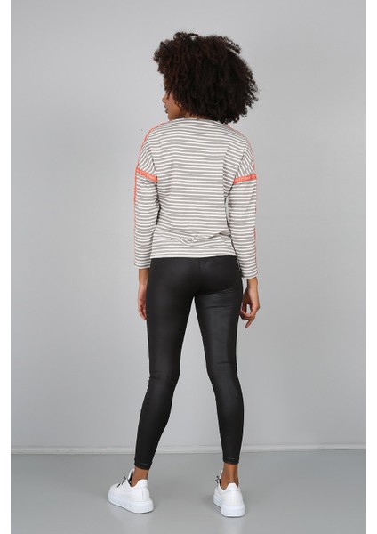 Bej Baskılı Bisiklet Yakalı Şerit Detaylı Sweatshirt