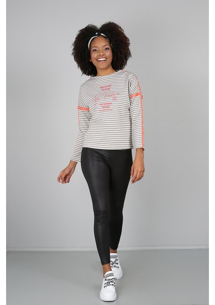 Bej Baskılı Bisiklet Yakalı Şerit Detaylı Sweatshirt