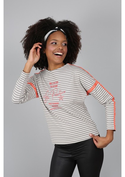 Bej Baskılı Bisiklet Yakalı Şerit Detaylı Sweatshirt