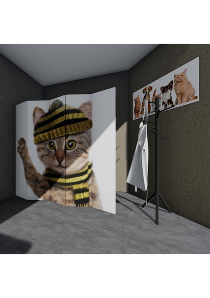 Doğal Ahşap Çıtalı Kedi Baskılı Paravan Oda Bölme 5 Kanat