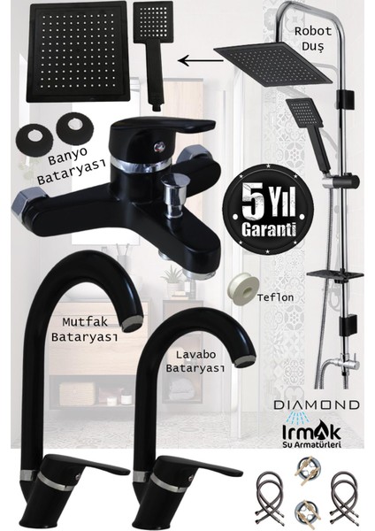 Irmak Lavabo Banyo Mutfak Bataryası ve Rainy Robot Duş Siyah Banyo Seti Armatür Musluk Batarya Duş