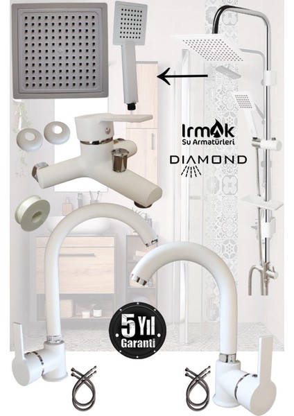 Irmak Lavabo Banyo Mutfak Bataryası ve Rainy Robot Duş Beyaz Banyo Seti Kalın Delta Borulu Armatür