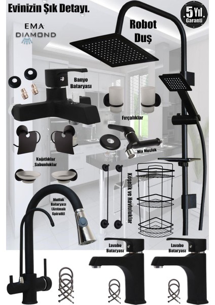 Mutfak Lavabo Banyo Bataryası Siyah Spiralli Arıtmalı Eviye Musluk Armatür Banyo Duş Seti Musluk Set