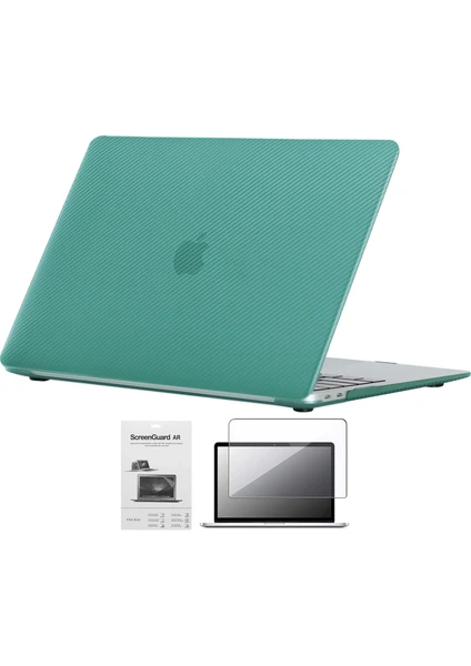 Apple 13" Macbook Air A1932 A2179 A2337 Su Yeşili Carbon Fiber Dizayn Kılıf Koruyucu Kapak+Film