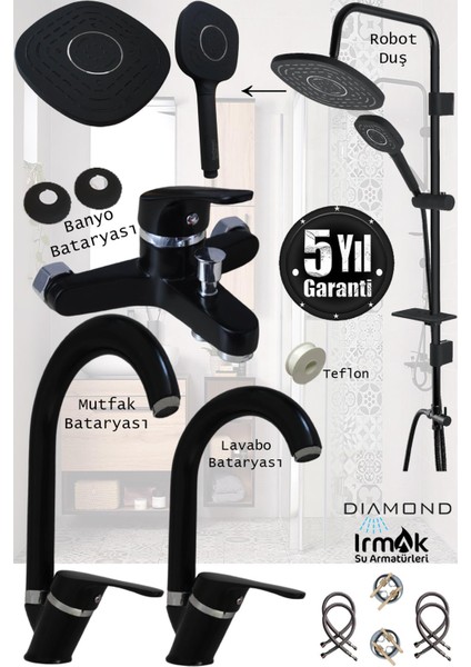 Irmak Lavabo Banyo Mutfak Bataryası ve Rainy Robot Duş Siyah Banyo Seti Armatür Musluk Batarya Duş