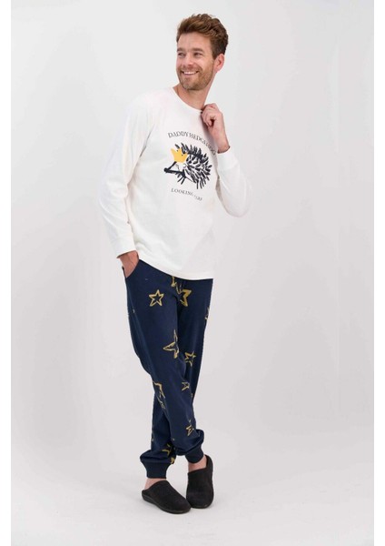 1558 Daddy Hedgehog Krem Erkek Uzun Kol Pijama Takımı
