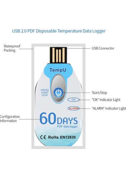 Su Geçirmez USB 2.0 Pdf Tek Kullanımlık Sıcaklık Veri (Yurt Dışından)