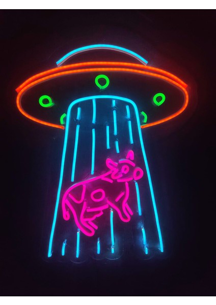 Ufo Inek Neon Tabela Kafe Dükkan Neon LED Dekorasyon Ufo'da Inek Dekoratif Aydınlatma Gece Lambası