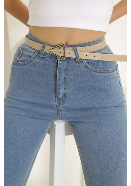 Üçgen Tokalı Kemer Bej - 9113.1140. fırsatları