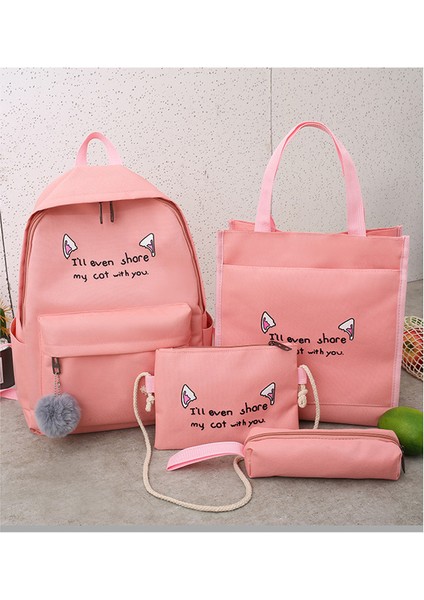 Baskılı Öğrenci Okul Çantası 4 Parça Pembe (Yurt Dışından)