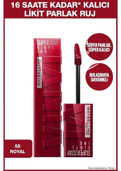 Maybelline New York Super Stay Vinyl Ink Uzun Süre Kalıcı Likit Parlak Ruj 55 Royal