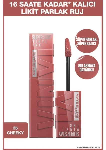 Maybelline New York Super Stay Vinyl Ink Uzun Süre Kalıcı Şeftali Tonlu Likit Parlak Ruj 35 Cheeky