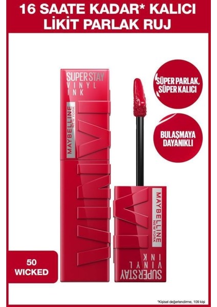 Super Stay Vinyl Ink Uzun Süre Kalıcı Likit Parlak Ruj 50 Wicked