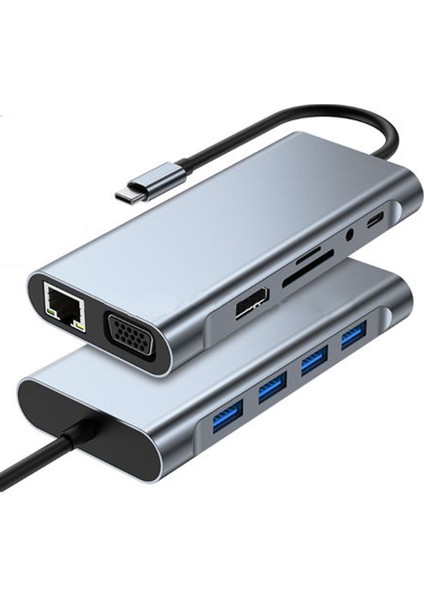 11 In 1 Type-C To USB Hub Port Adaptör Hdmı, 4x Usb, Lan, VGA Sd Card Çevirici Çoklayıcı