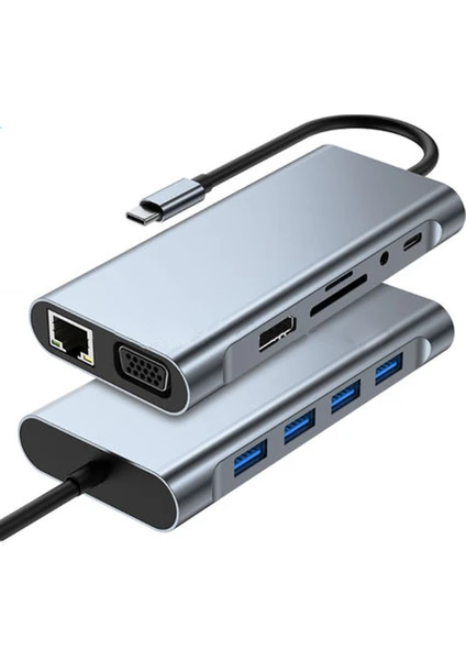 Coverzone 11 In 1 Type-C To USB Hub Port Adaptör Hdmı, 4x Usb, Lan, VGA Sd Card Çevirici Çoklayıcı