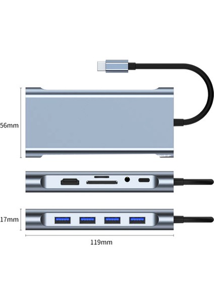 11 In 1 Type-C To USB Hub Port Adaptör Hdmı, 4x Usb, Lan, VGA Sd Card Çevirici Çoklayıcı