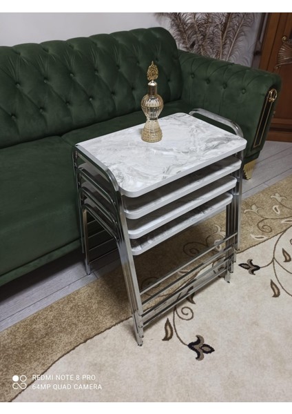 Zigon Sehpa Tepsi Zigon Model Nikelaj Kaplama Metal Ayaklı Alaca Beyaz Mermer Desen