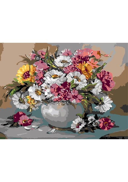 Gri Vazo ve Çiçekler Sayılarla Boyama SETI50X65 cm Tuval Şasesine Gerili