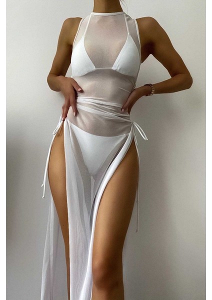 Kadın Tül Pareo Plaj Elbisesi Beyaz Renk Şık Tasarım 90% Polyester