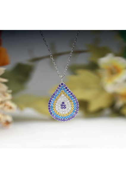 Renkli Taşlı Nazar Boncuklu Damla Gümüş Kolye