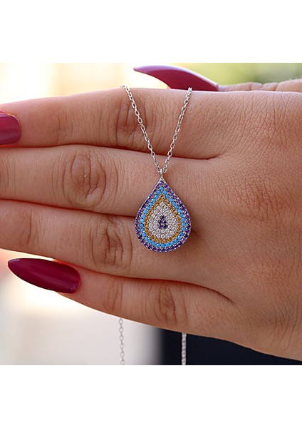 Renkli Taşlı Nazar Boncuklu Damla Gümüş Kolye modelleri