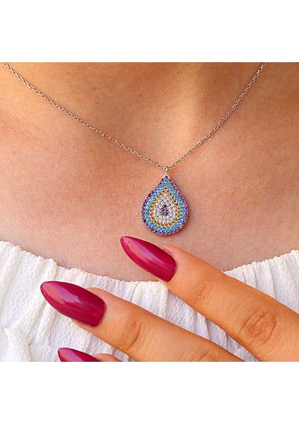 Renkli Taşlı Nazar Boncuklu Damla Gümüş Kolye fırsatları