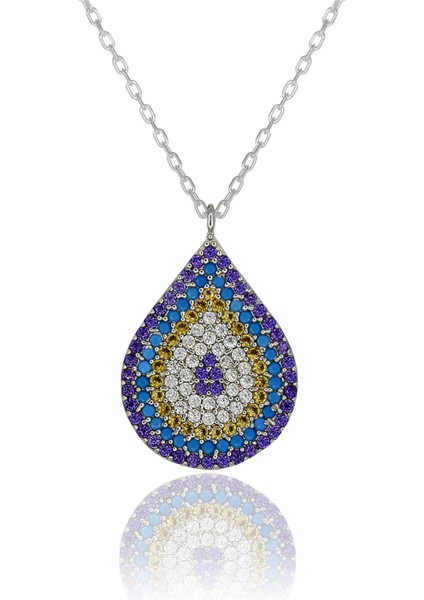 Renkli Taşlı Nazar Boncuklu Damla Gümüş Kolye indirimleri