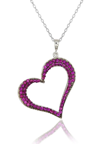 Kırmızı Taşlı Asimetrik Kalp Gümüş Kolye fiyatları