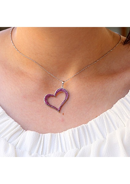 Kırmızı Taşlı Asimetrik Kalp Gümüş Kolye modelleri