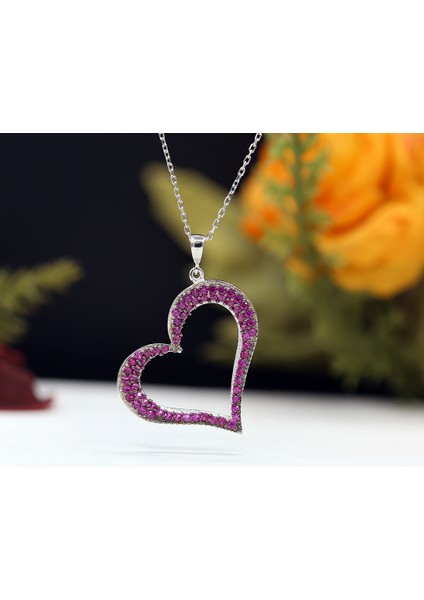 Kırmızı Taşlı Asimetrik Kalp Gümüş Kolye indirimleri