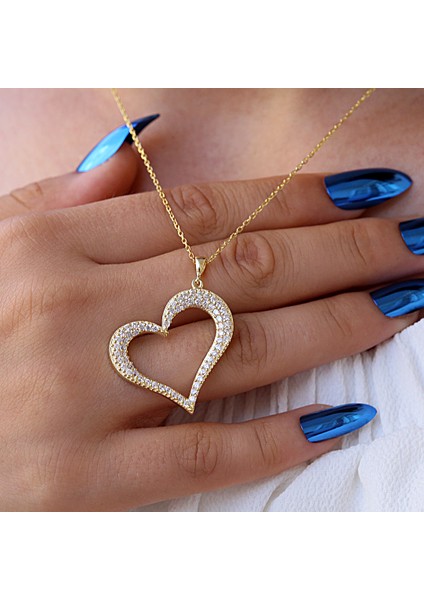 Beyaz Taşlı Asimetrik Kalp Gümüş Kolye indirimleri