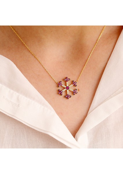 Kırmızı Beyaz Taşlı Kartanesi Gümüş Kolye