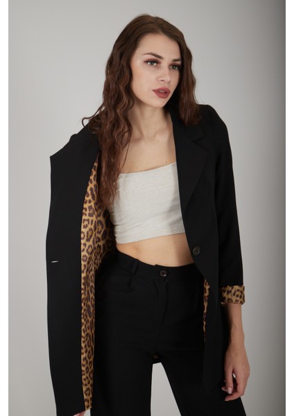 Siyah Leopar Astar Detaylı Krep Blazer Ceket 0105120.01