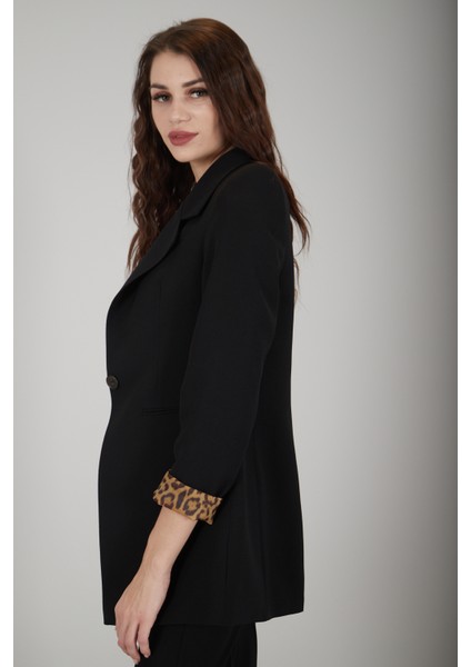 Siyah Leopar Astar Detaylı Krep Blazer Ceket 0105120.01 fiyatları