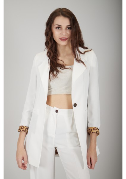 Ekru Leopar Astar Detaylı Krep Blazer Ceket 0105120.147