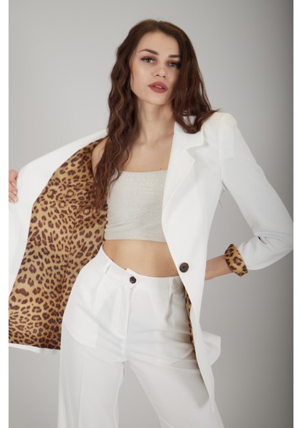 Ekru Leopar Astar Detaylı Krep Blazer Ceket 0105120.147 fırsatları