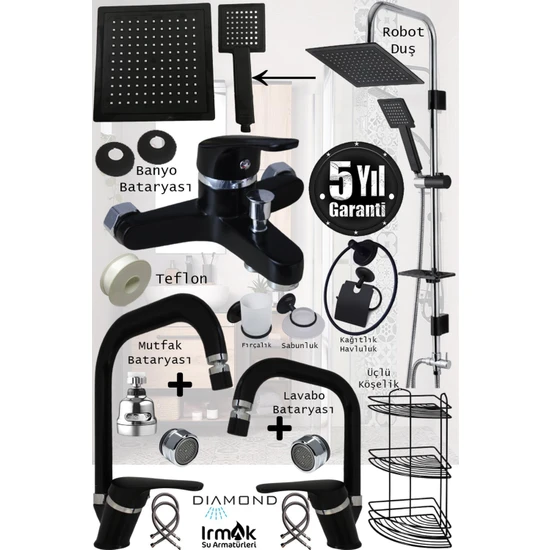 Tesitay Irmak Lavabo Banyo Mutfak Bataryası ve Rainy Robot Duş Siyah Banyo Seti Armatür Musluk Batarya Duş