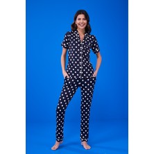 Pjs Kısa Kollu Boy Düğmeli  Kadın Pijama Takımı 23144 - Lacivert