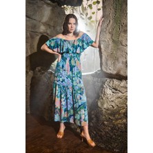 Monamise Kuş ve Yaprak Desenli Omzu Açık Parçalı Elbise 21009