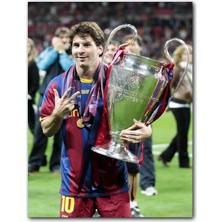 Cakatablo Ahşap Tablo Barcelona Formalı Messi ve Şampiyonluk Kupası (25X35 cm Boyut)
