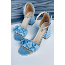 Mida Shoes Bebe Mavi Süet Çiçekli Topuklu Ayakkabı