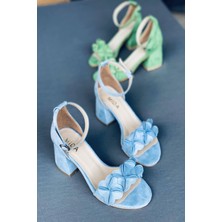 Mida Shoes Bebe Mavi Süet Çiçekli Topuklu Ayakkabı